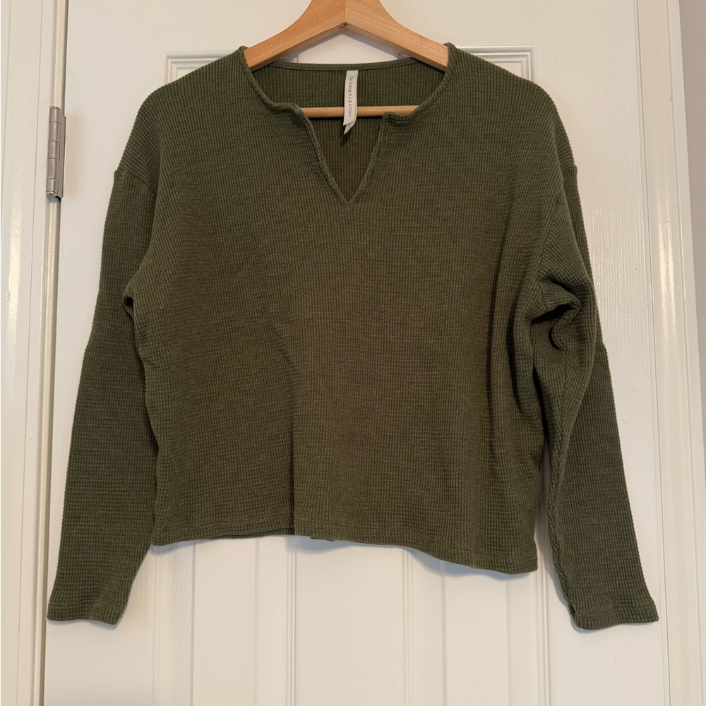 Aritzia The Group Babaton Green Waffle Knit Thermal Long Sleeve Top